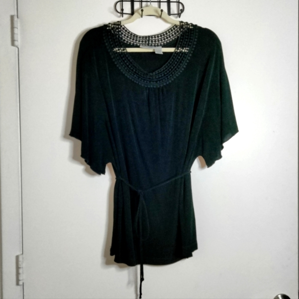 Chico's Travelers (Size 2/L/12) Black Embroidered Collar Belted Non-Wrinkle Top
